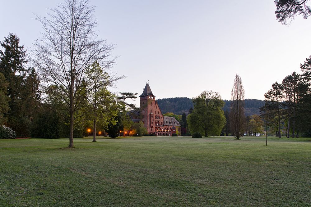 Ein historisches Schloss mit Turm liegt in der Abenddämmerung vor einer Kulisse aus Bäumen und Bergen, umgeben von einer weitläufigen Grasfläche.
