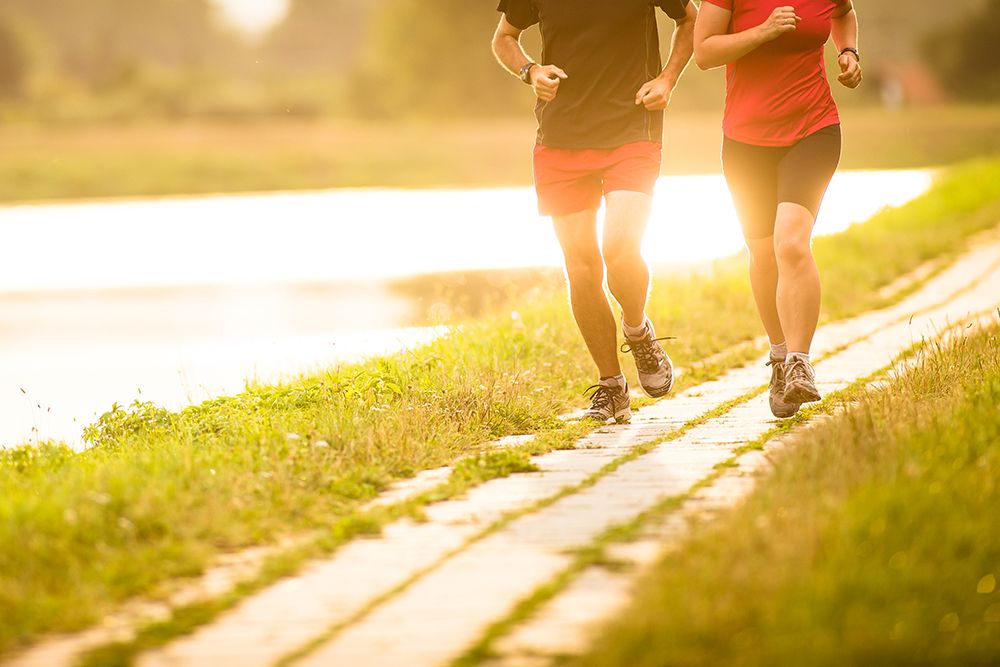 Two people jog along a sunlit path beside a shimmering body of water, wearing athletic clothes and shoes, moving in perfect harmony with the peaceful surroundings.